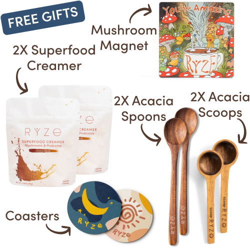 Collection of Ryze products including hot cocoa, wooden utensils, coasters, and a mushroom-themed magnet.