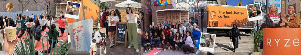 A panoramic collage of multiple outdoor scenes featuring people, coffee-related elements, signs, and branded orange panels with the word 'RYZE' visible on the right side.
