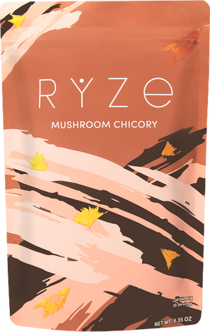 RYZE Mushroom Overnight Oats white packet with palm leaf illustrations