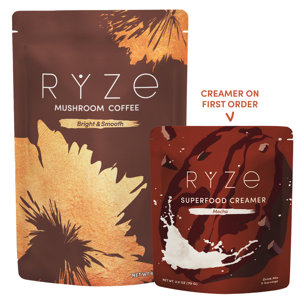 Two stand-up pouches of RYZE coffee and a Mocha creamer pouch on a white background, with a text callout reading 'CREAMER ON FIRST ORDER' pointing to the smaller pouch.