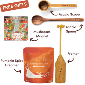 A product bundle for RYZE featuring an Acacia Spoon, Mushroom Magnet, Frother, and Pumpkin Spice Creamer pouch, with a 'FREE GIFTS' banner at the top left.