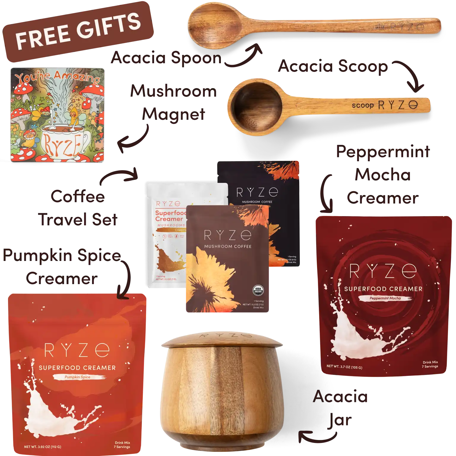 Ryze superfood creamer, acacia spoon, scoop, jar, mushroom magnet, and recipe booklet with 'Free Gifts' label.