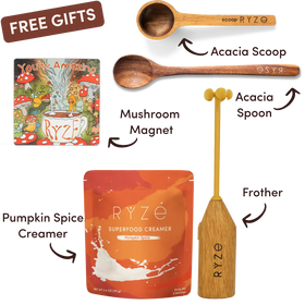 A product bundle graphic for RYZE featuring a wooden Acacia Spoon, a wooden Acacia Scoop, a Mushroom Magnet, a Pumpkin Spice Creamer pouch, and a wooden Frother, with a 'FREE GIFTS' banner at the top.