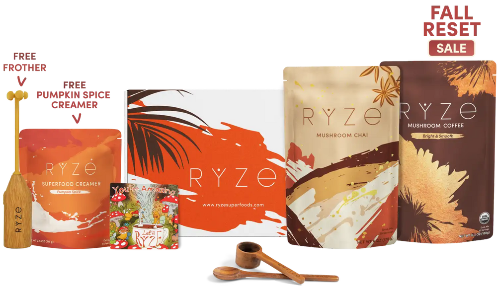 RYZE fall reset sale bundle featuring mushroom coffee, mushroom chái, superfood creamer, free pumpkin spice creamer, a free frother, and a magnet, displayed on a white background with promotional text.