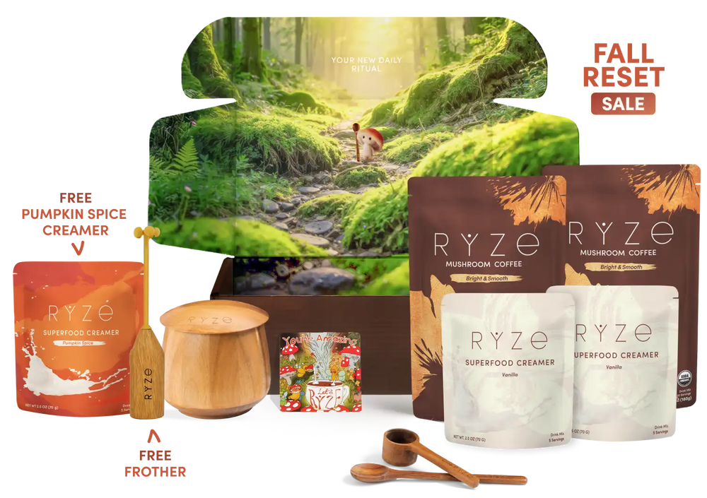 A RYZE coffee gift set arranged in front of a forest-themed box. The set includes two brown RYZE Mushroom Coffee pouches, two white RYZE Superfood Creamer pouches, a small orange RYZE pouch, wooden spoons, a wooden scoop, and a small frother.