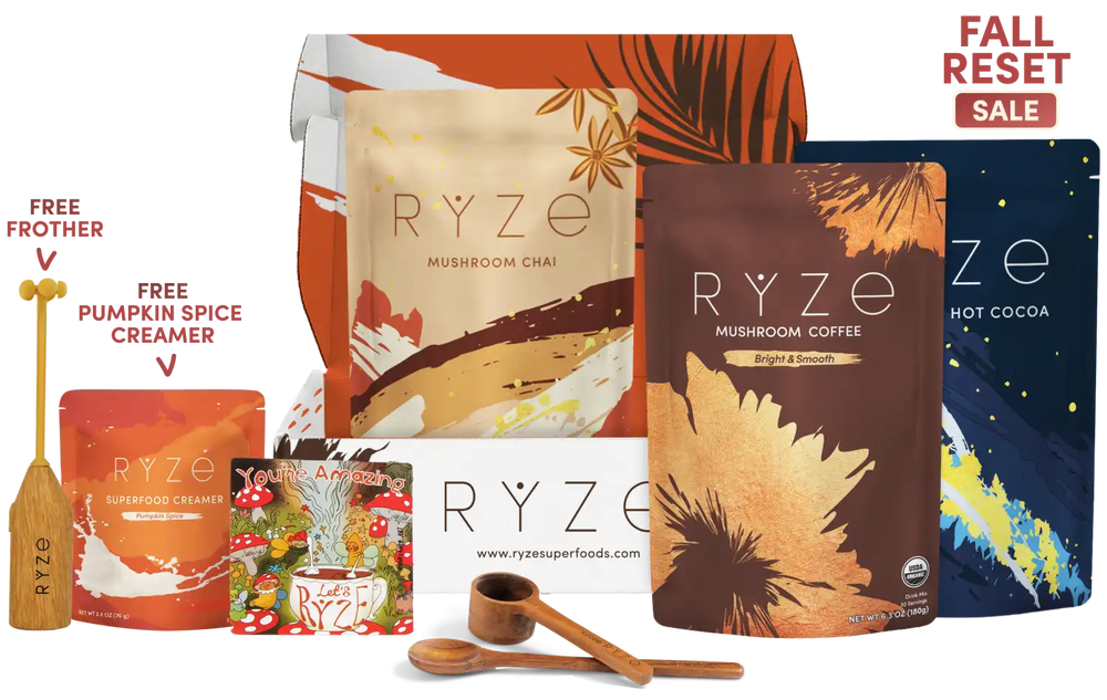 A RYZE fall sale bundle featuring multiple product pouches including Mushroom Chai, Mushroom Coffee, and Hot Cocoa, along with a wooden spoon, scoop, and promotional text overlays on a white background.