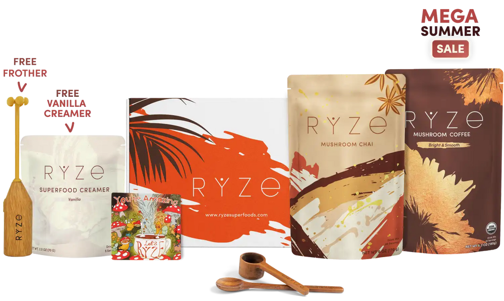 A RYZE summer sale bundle featuring multiple product packages including Mushroom Chai, Mushroom Coffee, Superfood Creamer, and a wooden frother, with promotional text overlays on a white background.