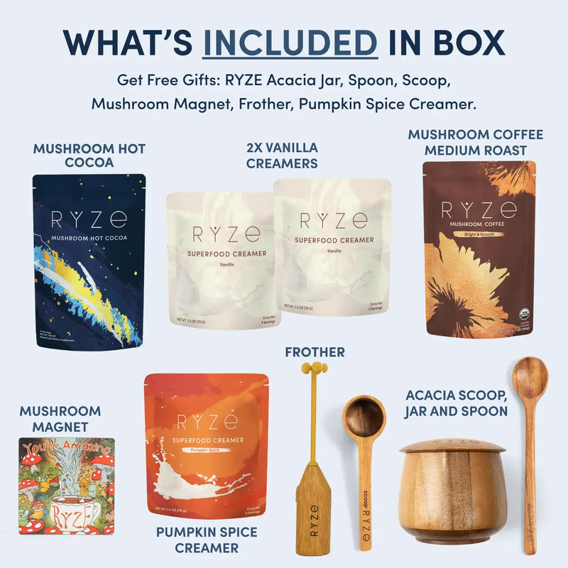 A product inclusion graphic for a RYZE coffee and creamer gift set, showing multiple product packages and accessories arranged on a light gray background with headline text reading 'WHAT'S INCLUDED IN BOX'. Visible items include RYZE Acacia jar, spoons, scoops, mushroom magnet, pumpkin spice creamer, mushroom hot cocoa, mushroom medium roast, and frother.