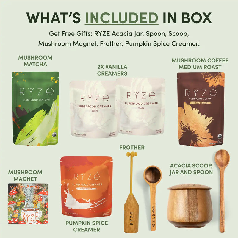 An infographic titled 'WHAT'S INCLUDED IN BOX' showing the contents of a RYZE gift set on a pale green background. The included items are mushroom matcha, two vanilla creamers, mushroom coffee medium roast, pumpkin spice creamer, a mushroom magnet, a wooden frother, and wooden spoons.