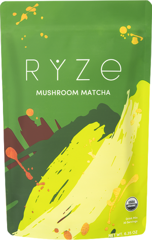 RYZE Mushroom Matcha bag front view: bright lime green with yellow and orange brushstroke design, 30 servings, 6.35 oz,...