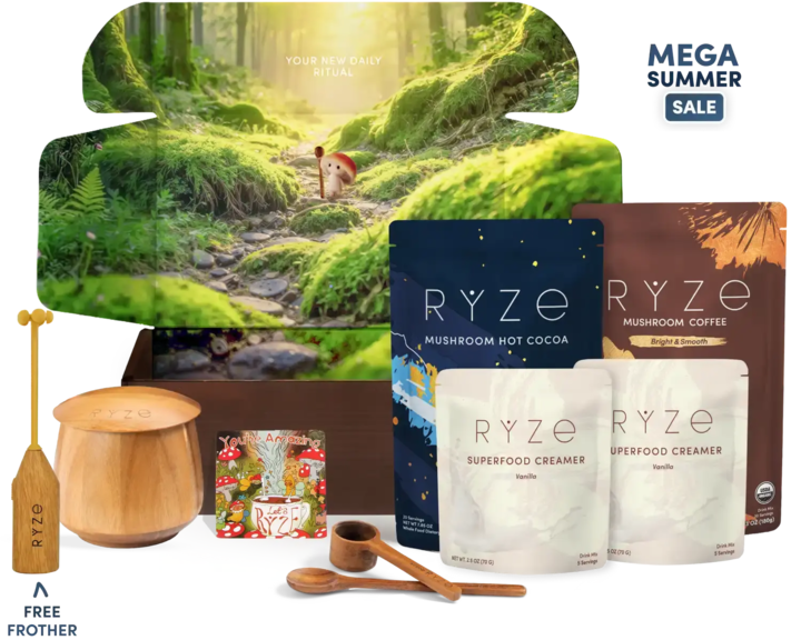 A RYZE gift set featuring mushroom hot cocoa and mushroom coffee pouches, a wooden container, a wooden frother with a RYZE tag, a small magnet, and two wooden spoons, arranged in front of a large forest-themed box. A 'MEGA SUMMER SALE' badge is in the top right, and a 'FREE FROTHER' badge is in the bottom left.